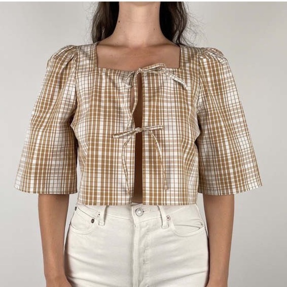 A Bronze Age Harmony Blouse Honey Plaid Puff Sleeve Crop Top Tie Front - Small